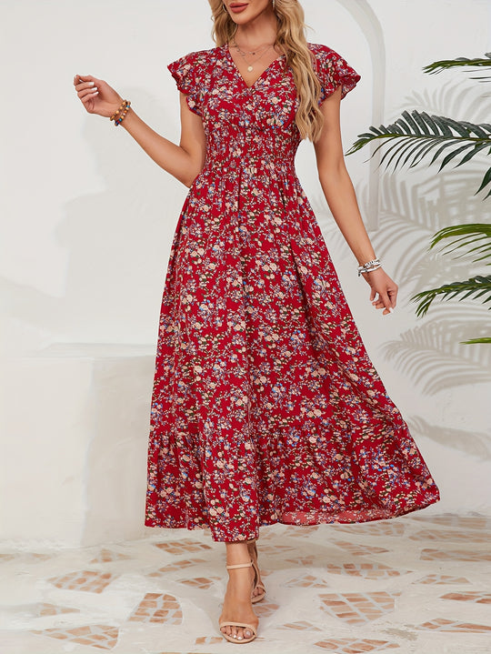Flutter Sleeve Smocked Waist V-Neck Maxi Dress