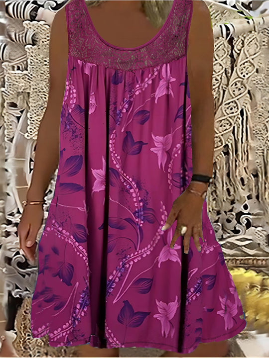 Plus Size Floral Lace Trim Sleeveless Bohemian Dress