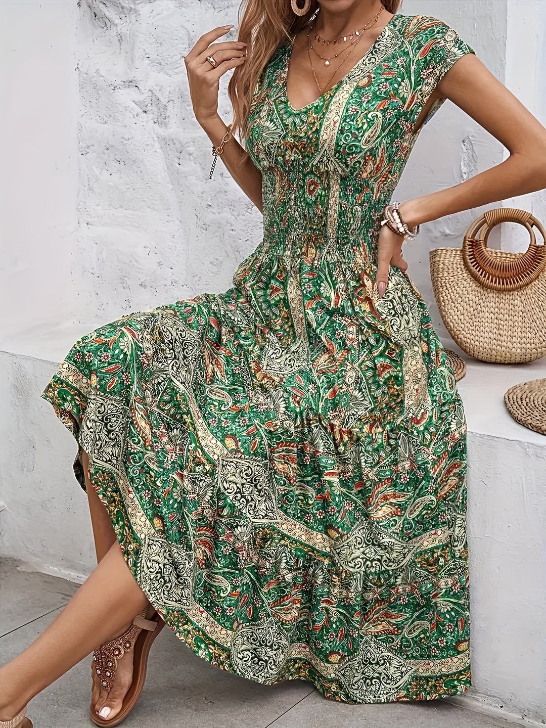 Casual V-Neck Smocked Bodice Bohemian Dress