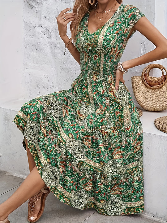 Casual V-Neck Smocked Bodice Bohemian Dress