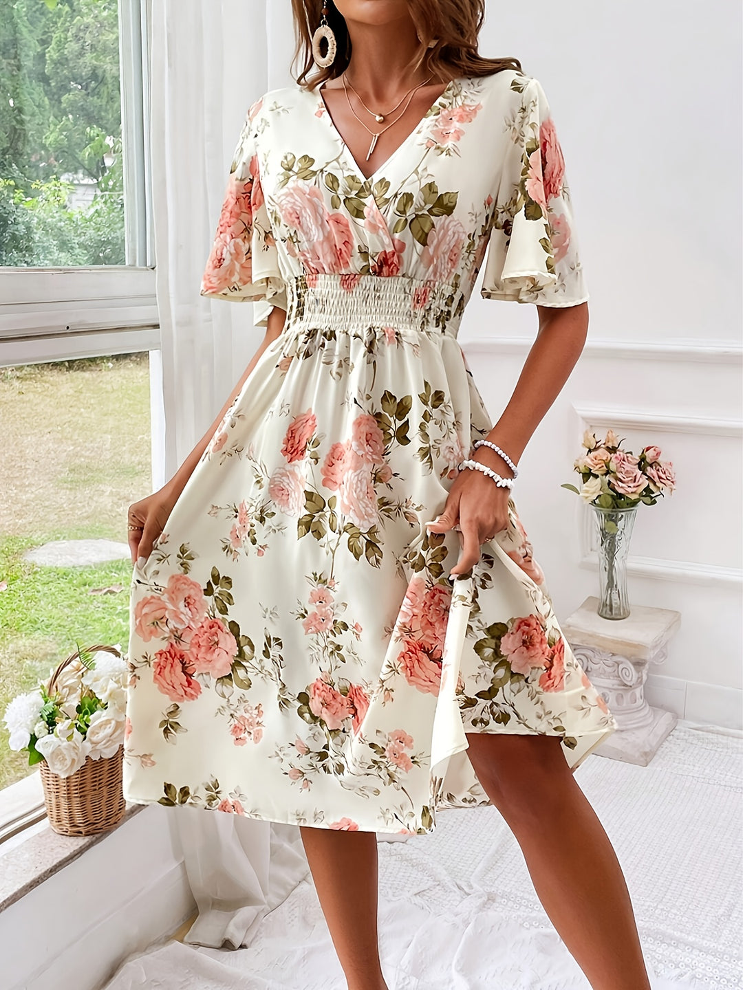 Floral Print V-Neck Flutter Sleeve Smocked Midi Dress - Plus Size