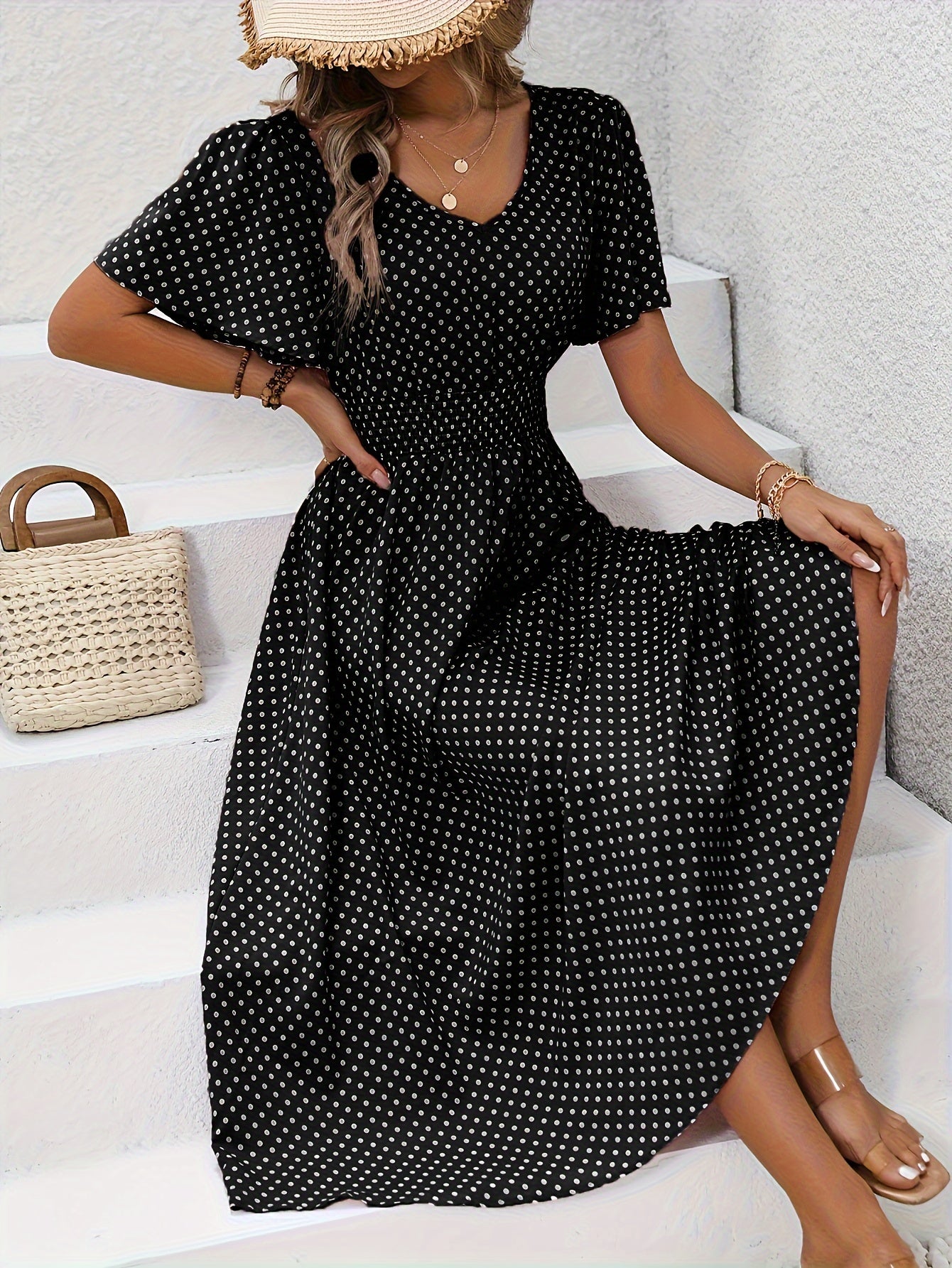 Bohemian Polka Dot Flowy Smocked Dress