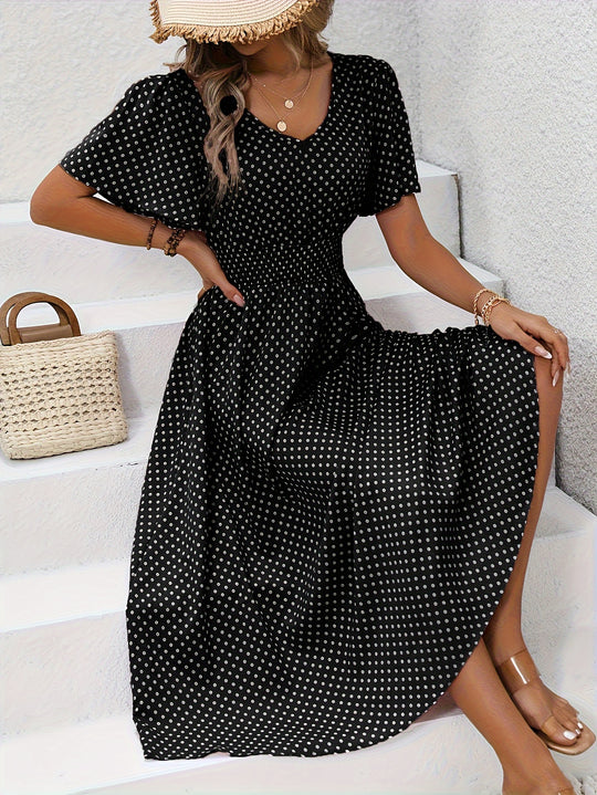 Bohemian Polka Dot Flowy Smocked Dress