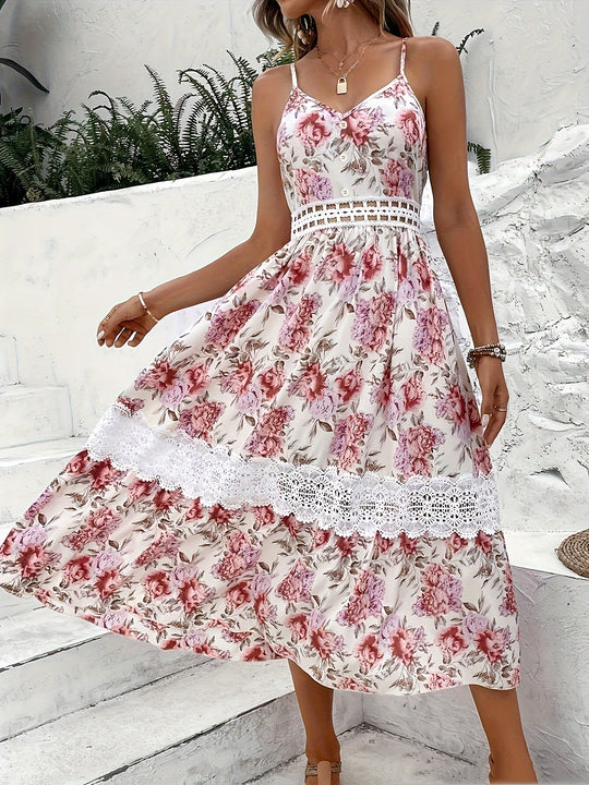 Floral Crochet Lace Trim Midi Dress