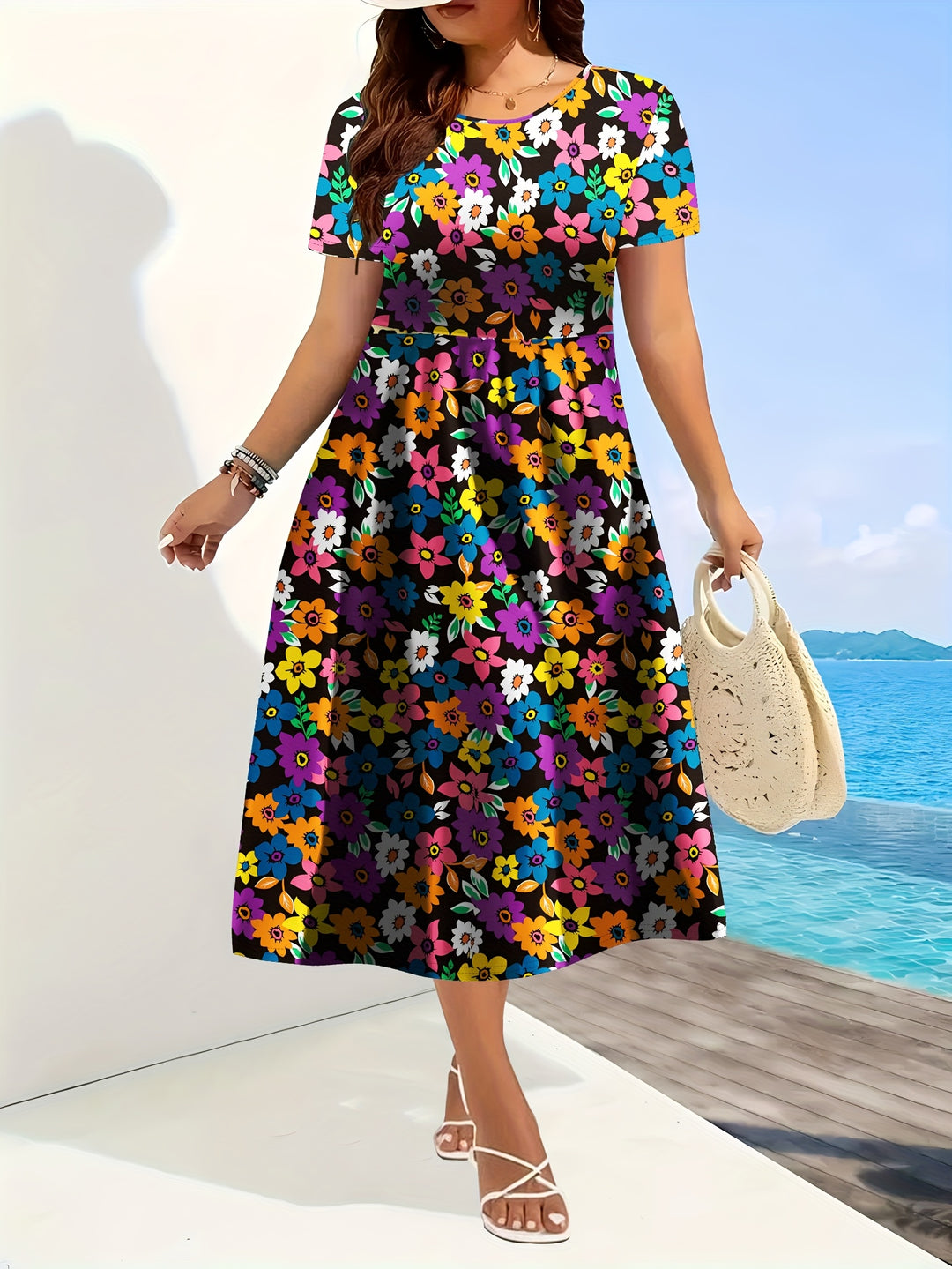 Round Neck Floral Flowy Summer Dress - Plus Size