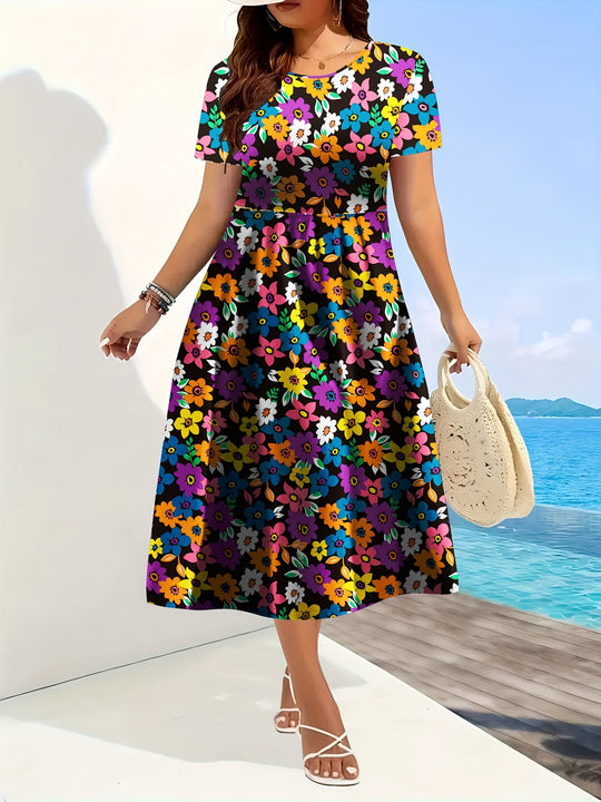 Round Neck Floral Flowy Summer Dress - Plus Size