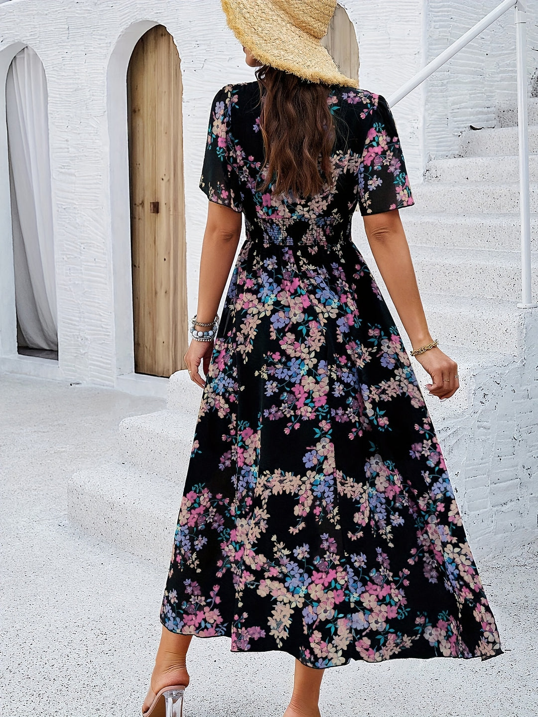 Smocked Waist V-Neck Casual Floral Dress