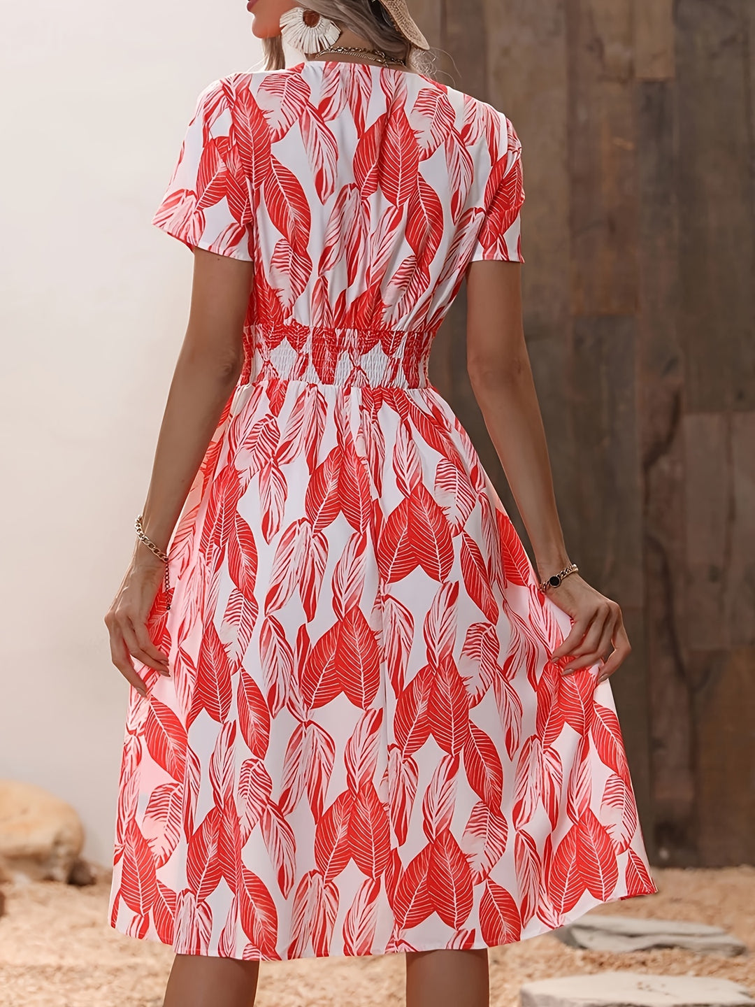 Casual Leaf Print Smocked Midi Dress