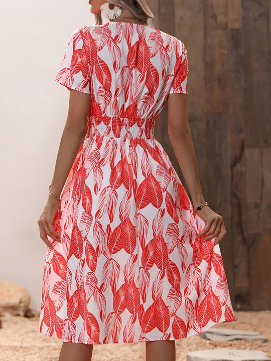 Casual Leaf Print Smocked Midi Dress