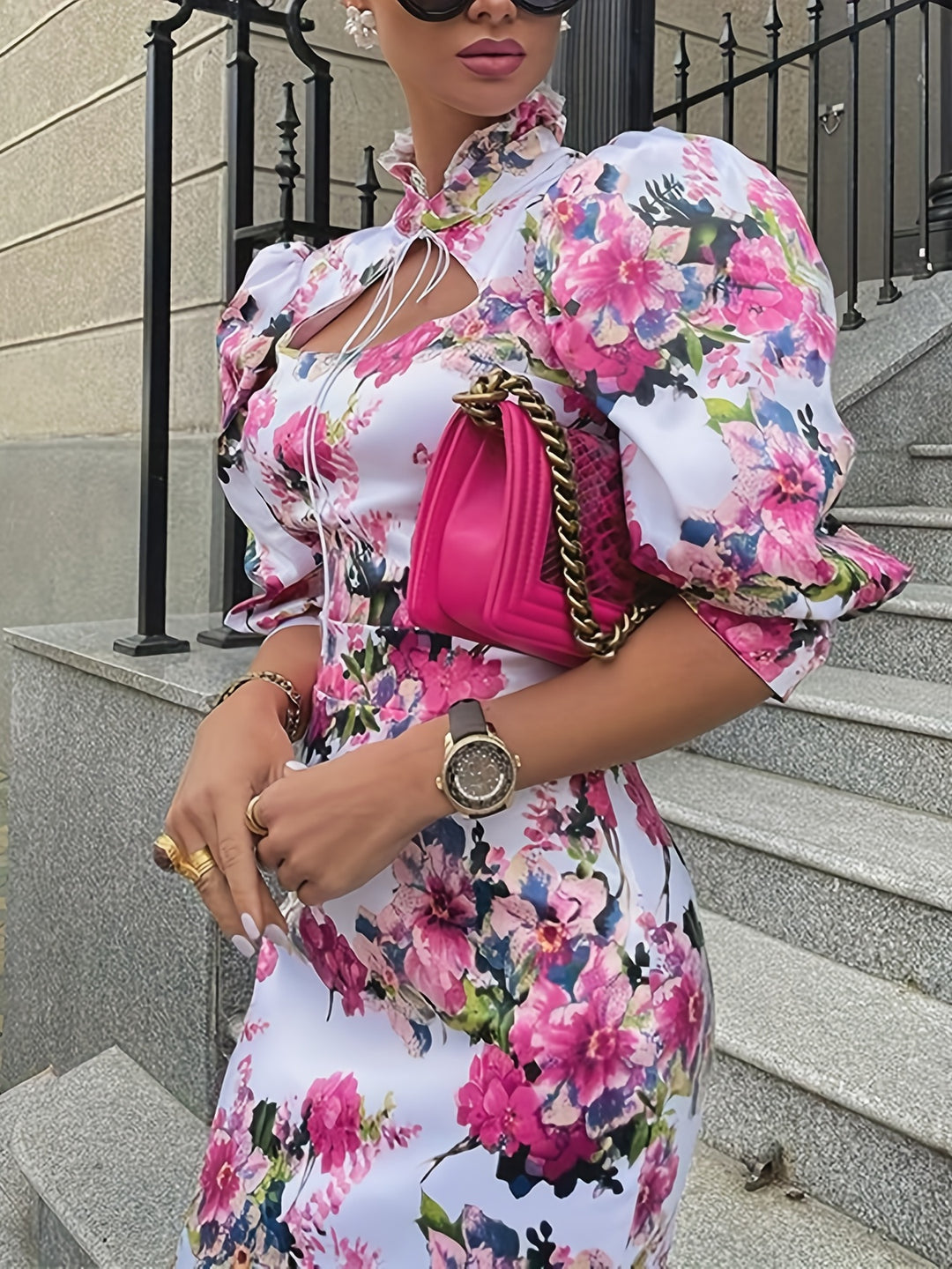 Elegant Floral Column Dress with Cutout