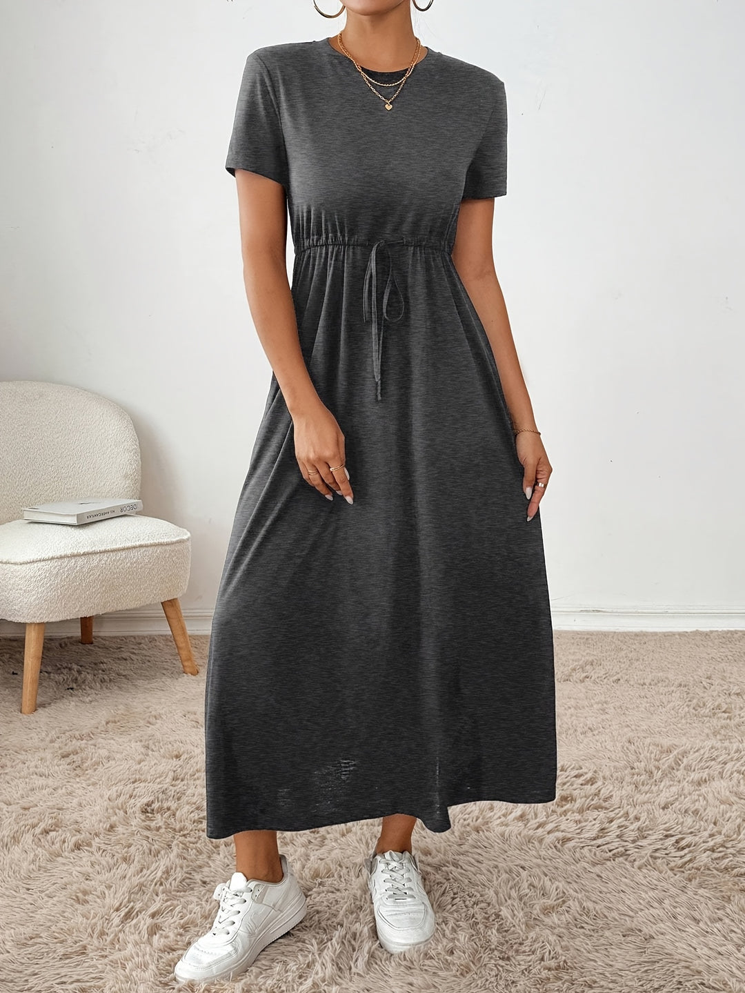 Casual Short Sleeve Drawstring Maxi Dress