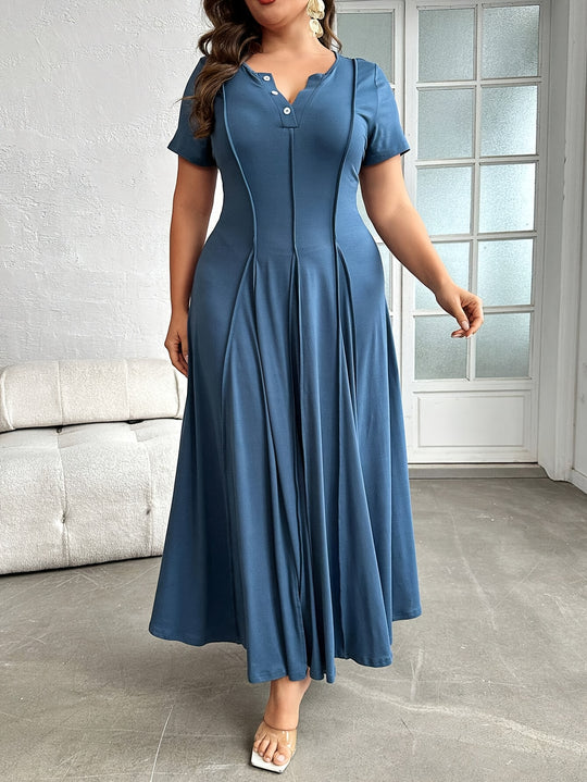 Button-Front Short Sleeve Paneled Maxi Dress - Plus Size