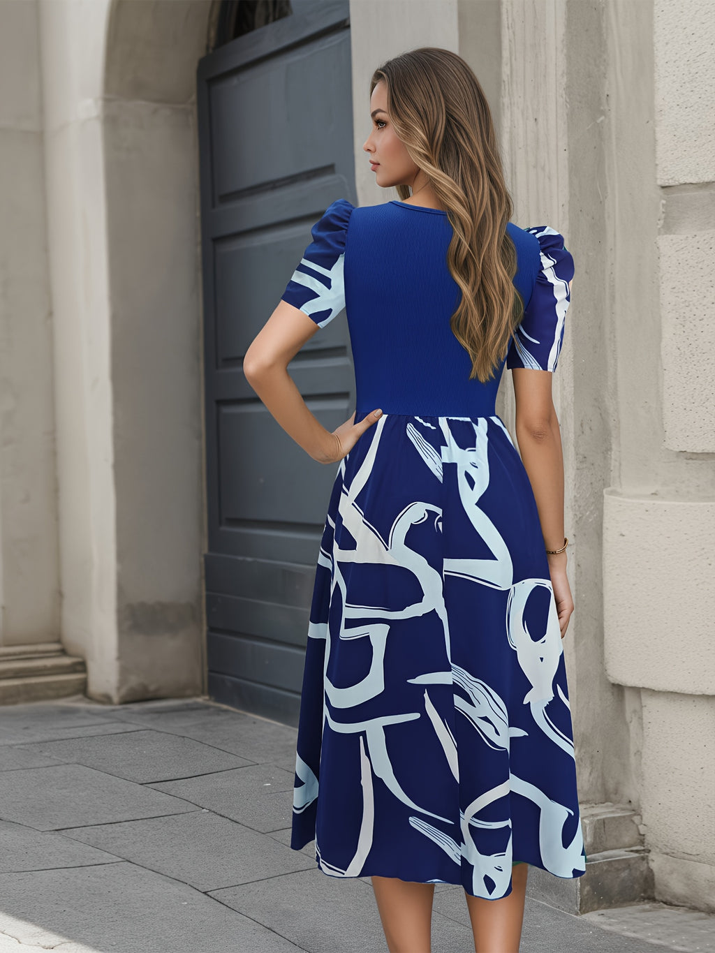 Abstract A-Line Puff Sleeve Midi Dress