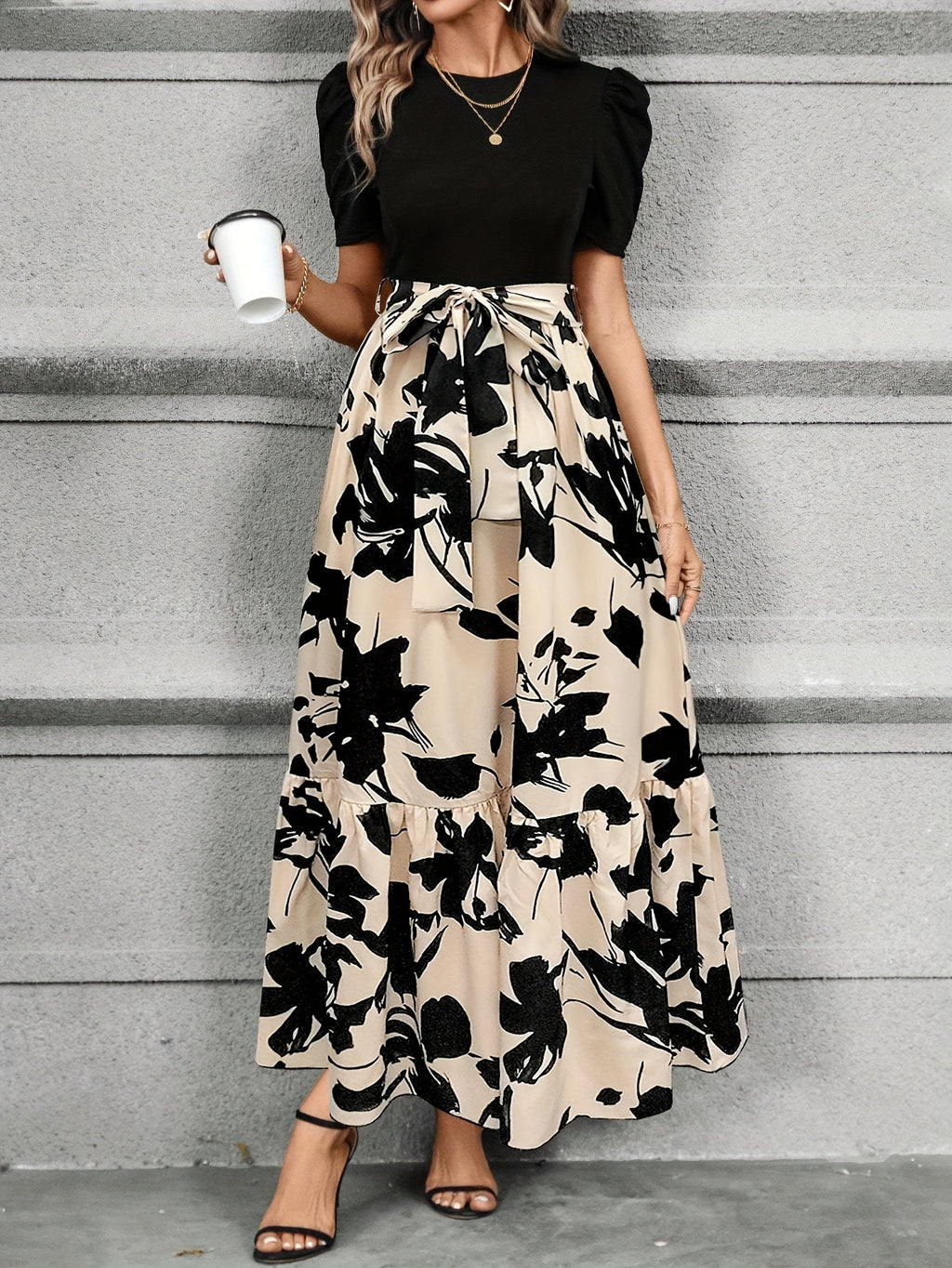 Puff Sleeve Floral Tie Waist Maxi Dress