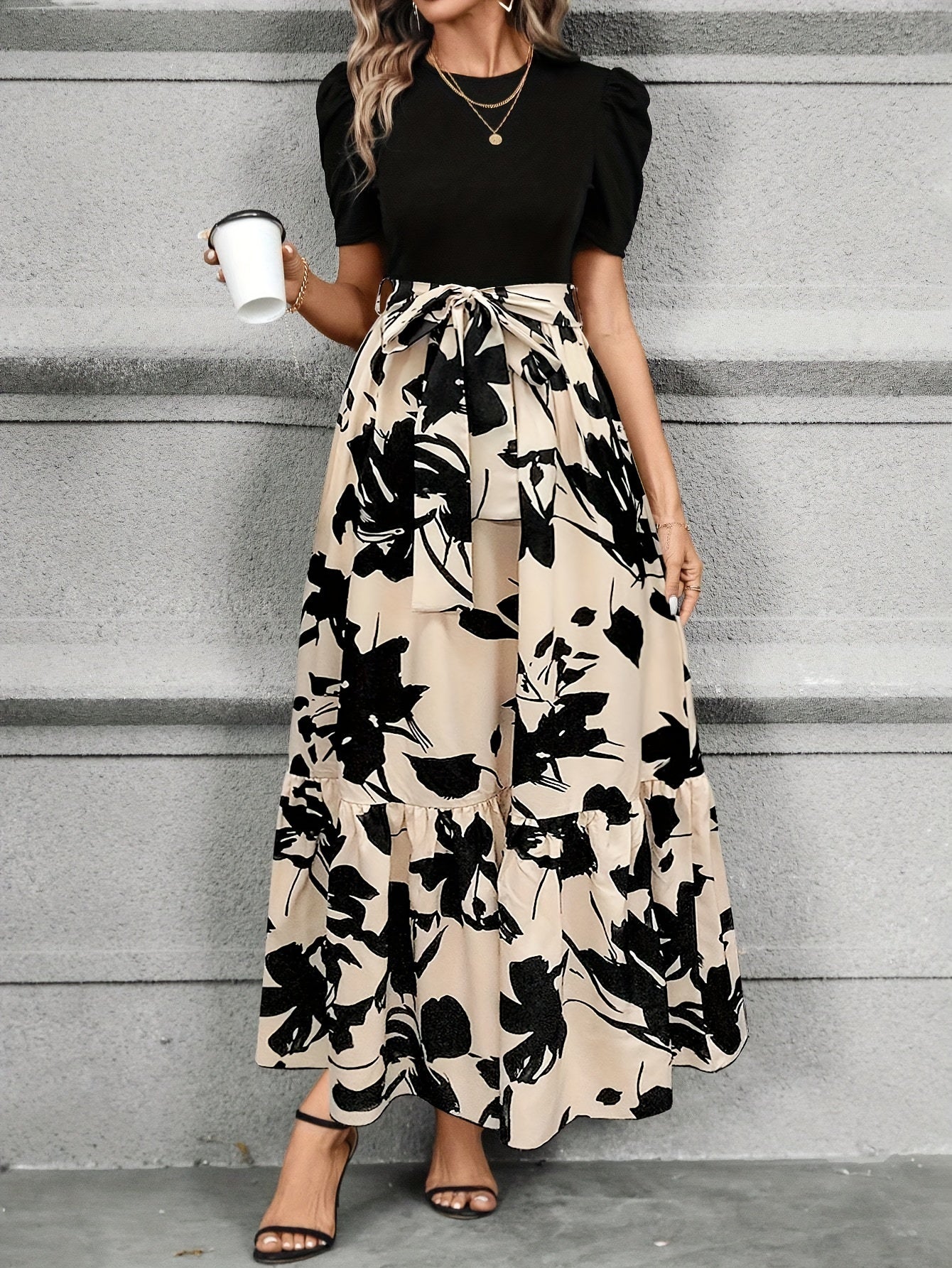 Puff Sleeve Floral Tie Waist Maxi Dress