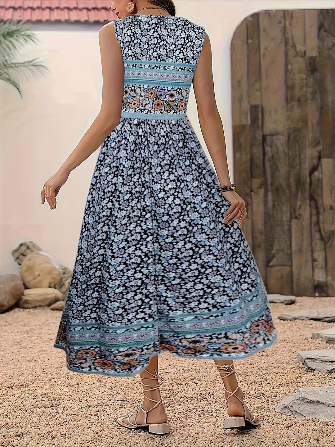 Bohemian Round Neck Floral Print Midi