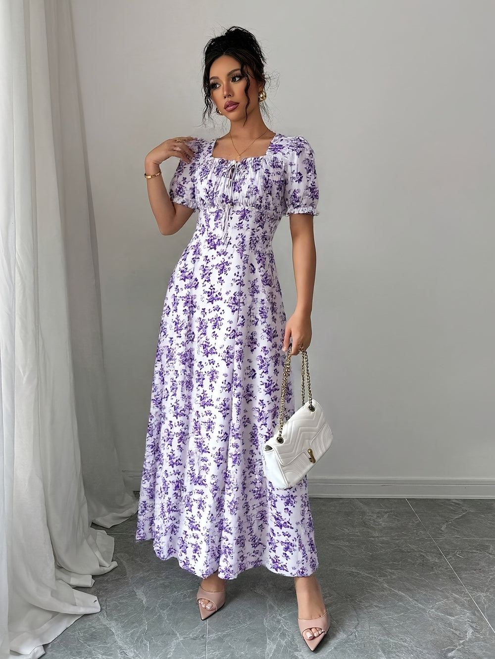 Square Neck Puff Sleeve Floral Maxi Dress