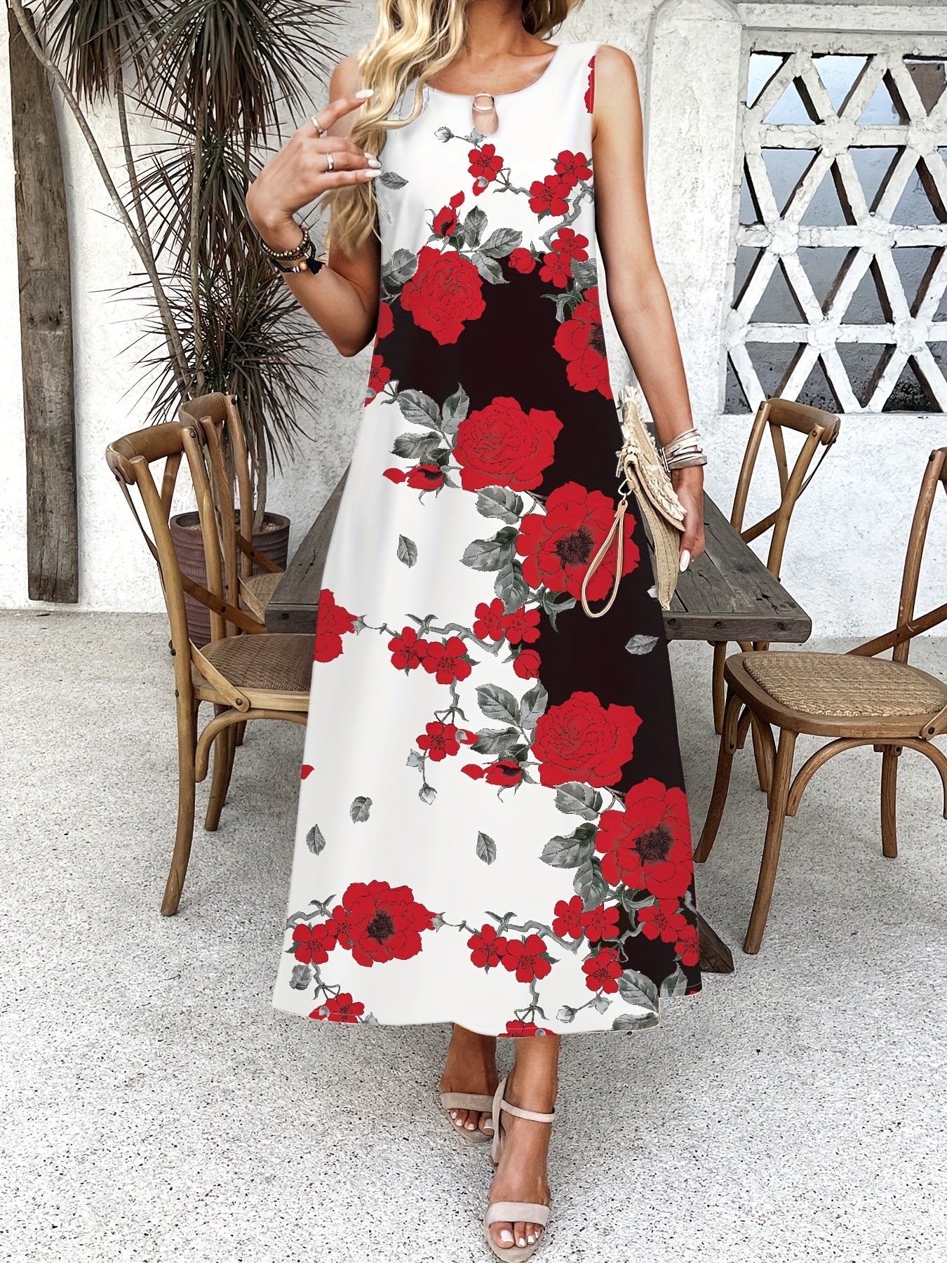 Floral Sleeveless Contrast Relaxed Maxi Dress