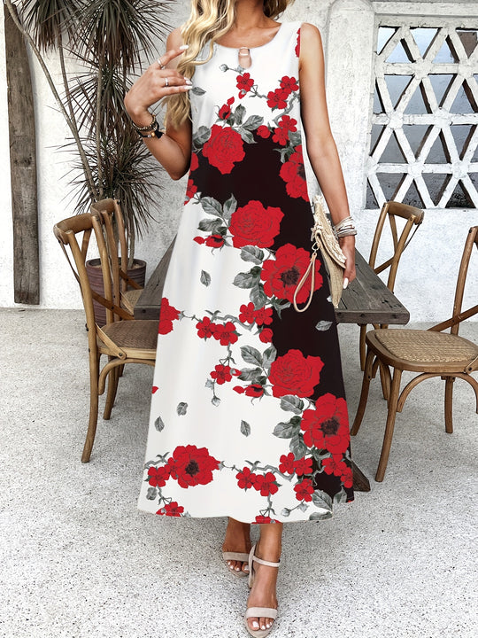 Floral Sleeveless Contrast Relaxed Maxi Dress