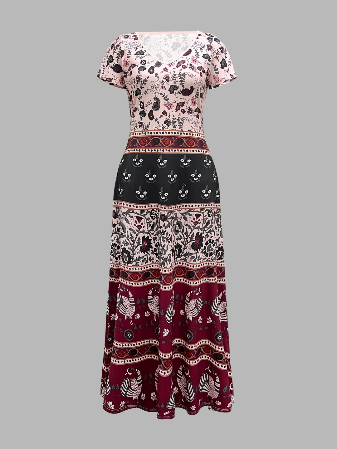 Bohemian V-Neck Mixed Print Maxi Dress