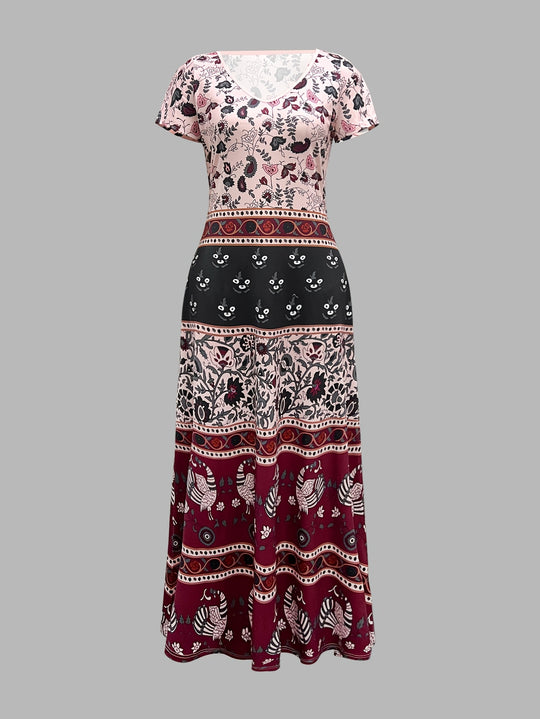 Bohemian V-Neck Mixed Print Maxi Dress