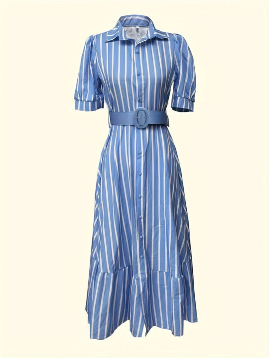 Elegant Belted Puff Sleeve Striped Maxi Dress