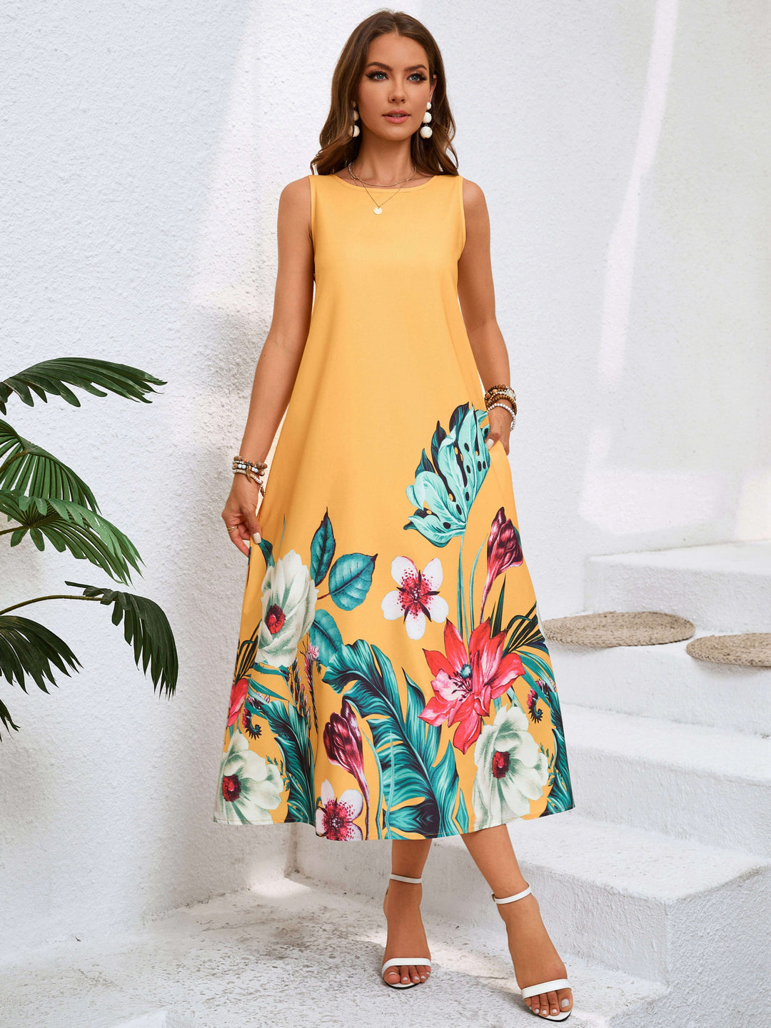 Sleeveless Tropical Floral Boho Summer Dress