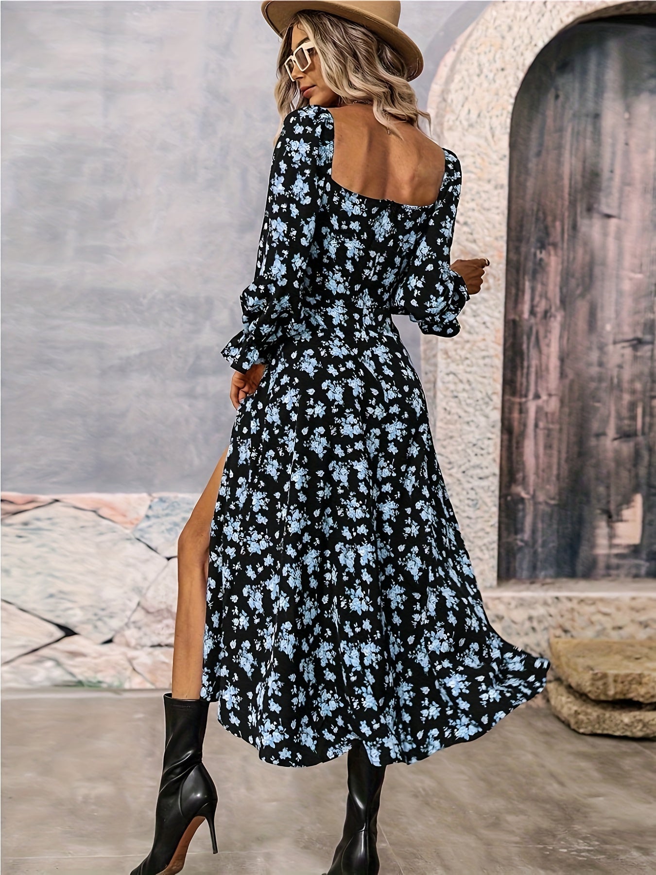 Ditsy Floral High Slit Long Sleeve Maxi Dress