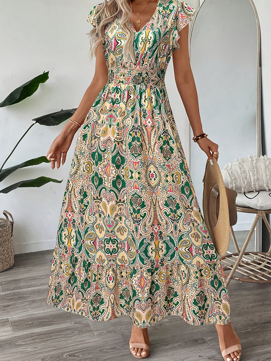 Short Sleeve Casual Full-Print Flutter Summer Boho Dress