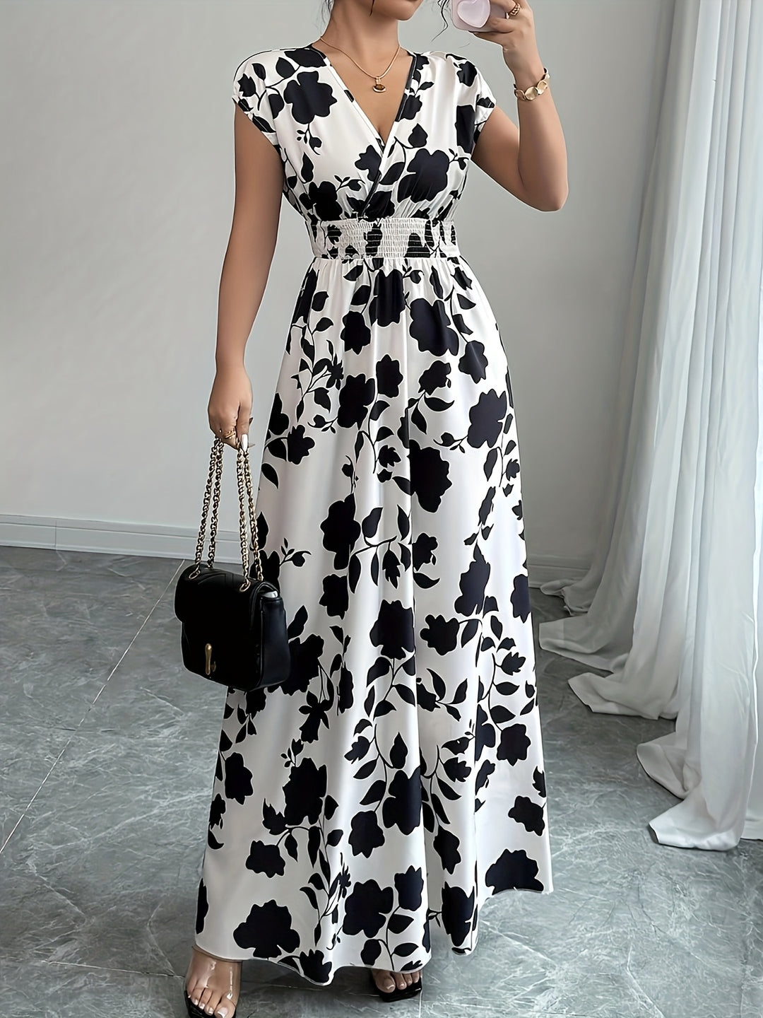Bohemian V-Neck Smocked Waist Maxi Dress