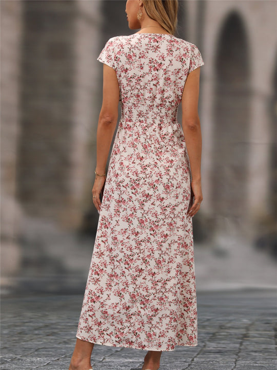 Casual Floral Print Cap Sleeve Maxi Dress