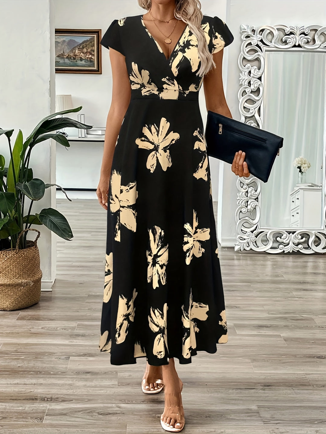 Bold Floral Print Short Sleeve Summer Maxi Dress