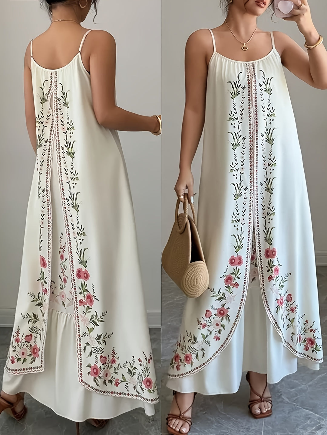 Bohemian Floral Pattern Layered Spaghetti Strap Dress