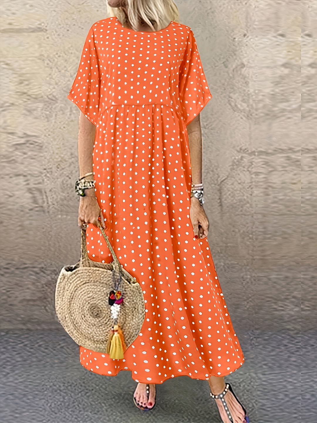 Casual Polka Dot Round Neck Maxi Dress