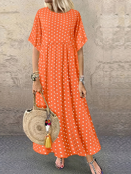 Casual Polka Dot Round Neck Maxi Dress