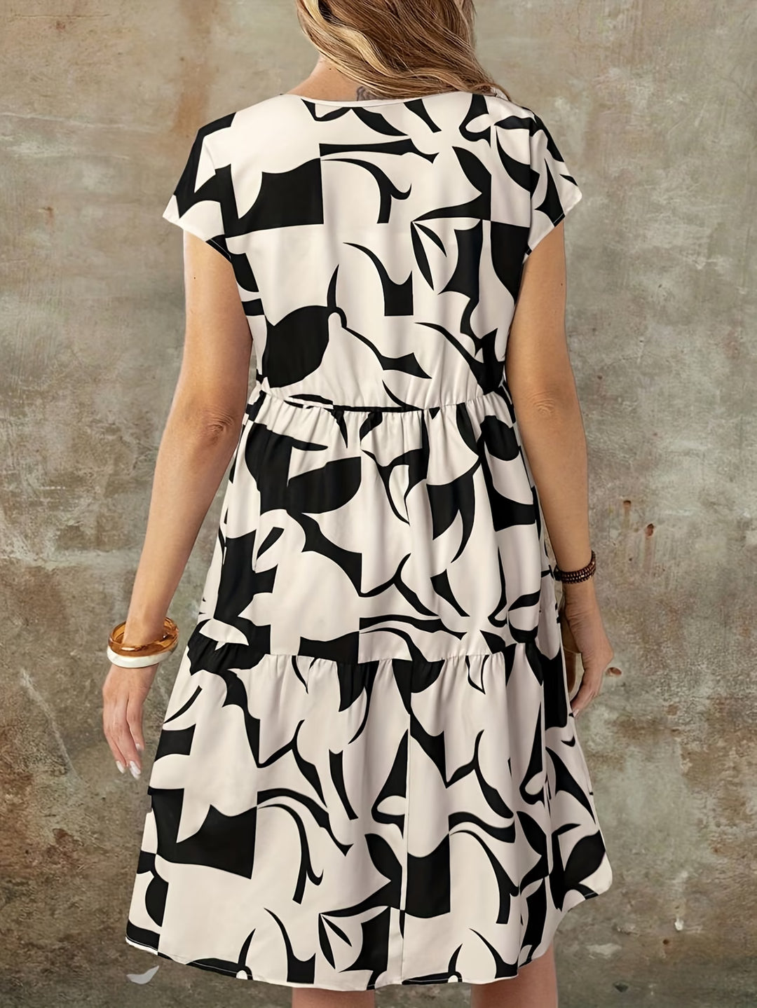 Short Sleeve Abstract Print Tiered Mini Dress