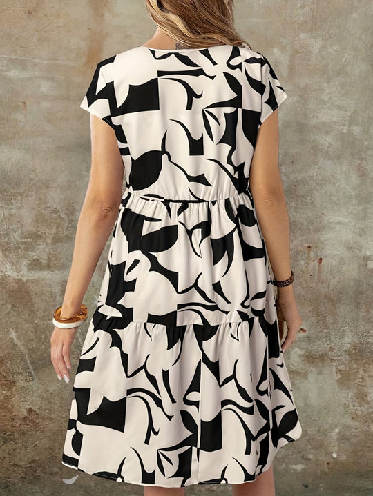 Short Sleeve Abstract Print Tiered Mini Dress