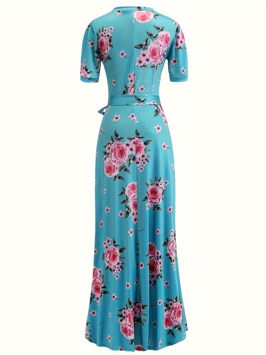 Elegant Rose Print Tie Waist Maxi