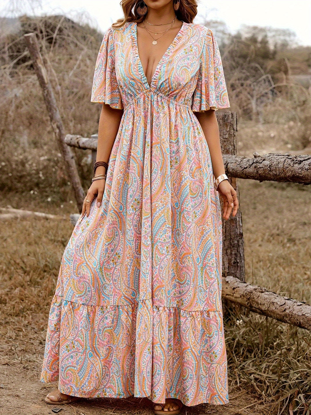 Flowy Deep V Empire Waist Summer Maxi Dress