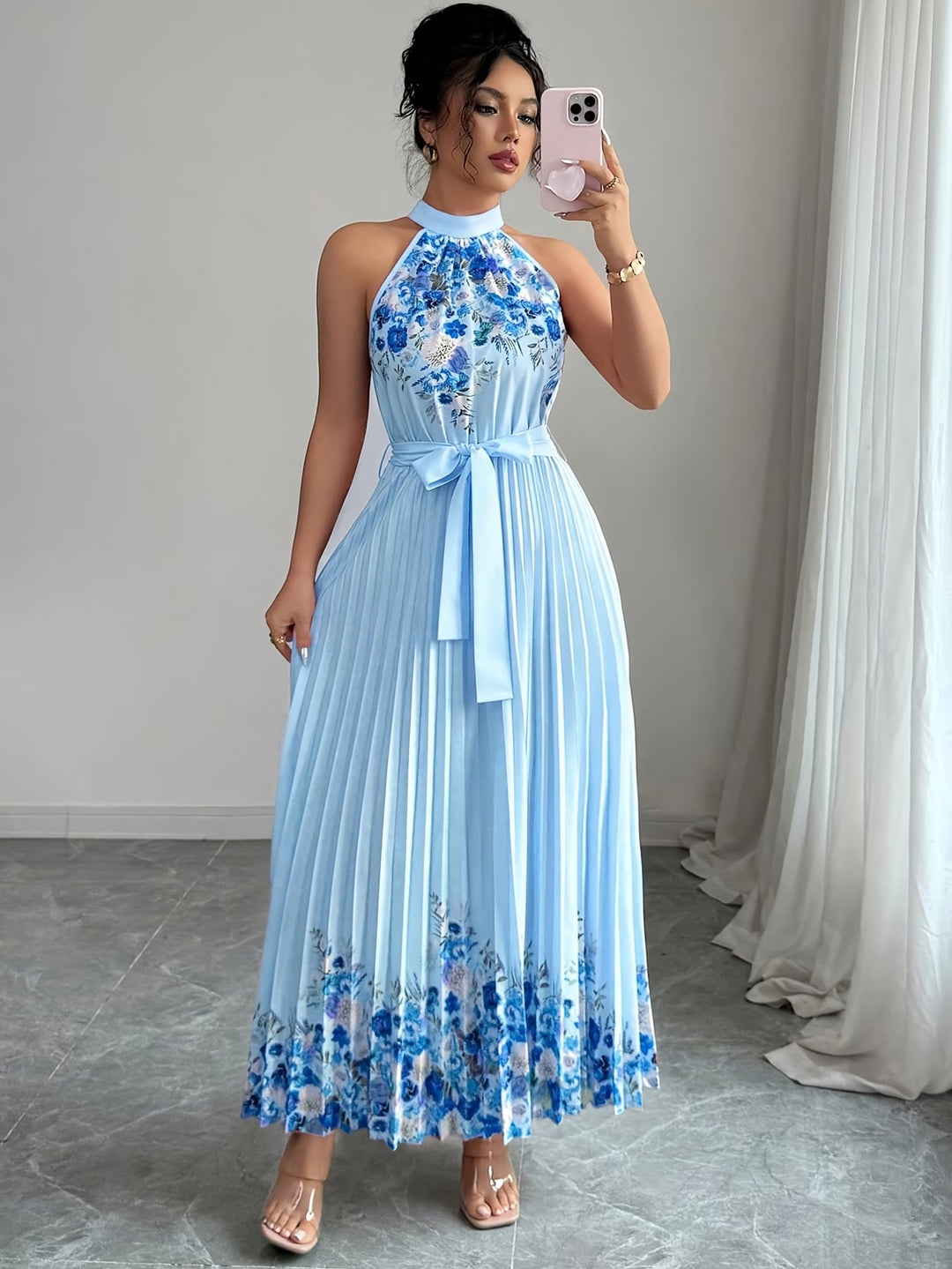 Halter Neck Floral Pleated Boho Dress