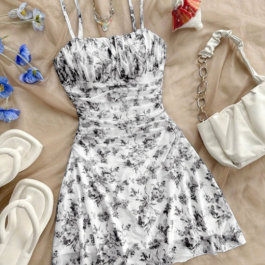 Romantic Floral Ruched Double Strap Mini Dress