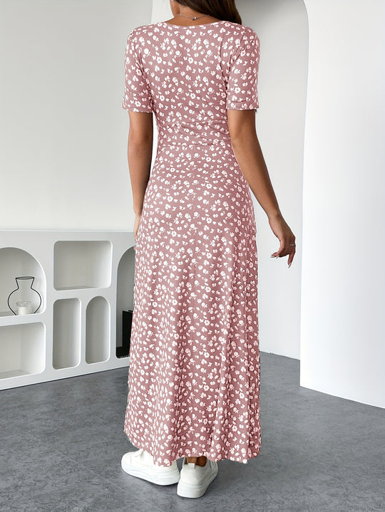 Short Sleeve Surplice Floral Long Dress