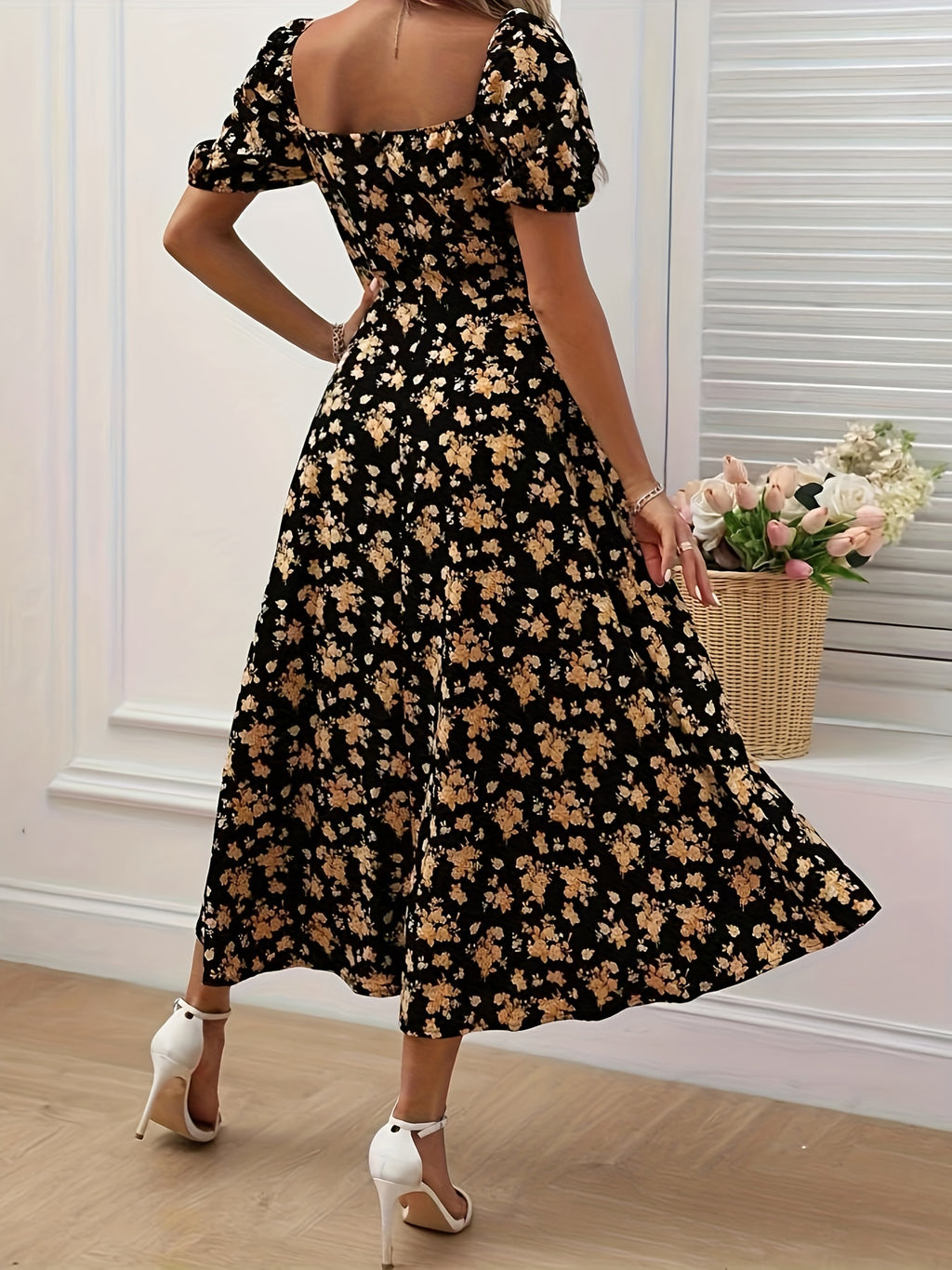 Romantic Floral Puff Sleeve Split Maxi Dress