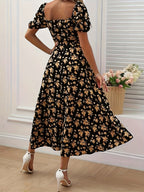 Romantic Floral Puff Sleeve Split Maxi Dress