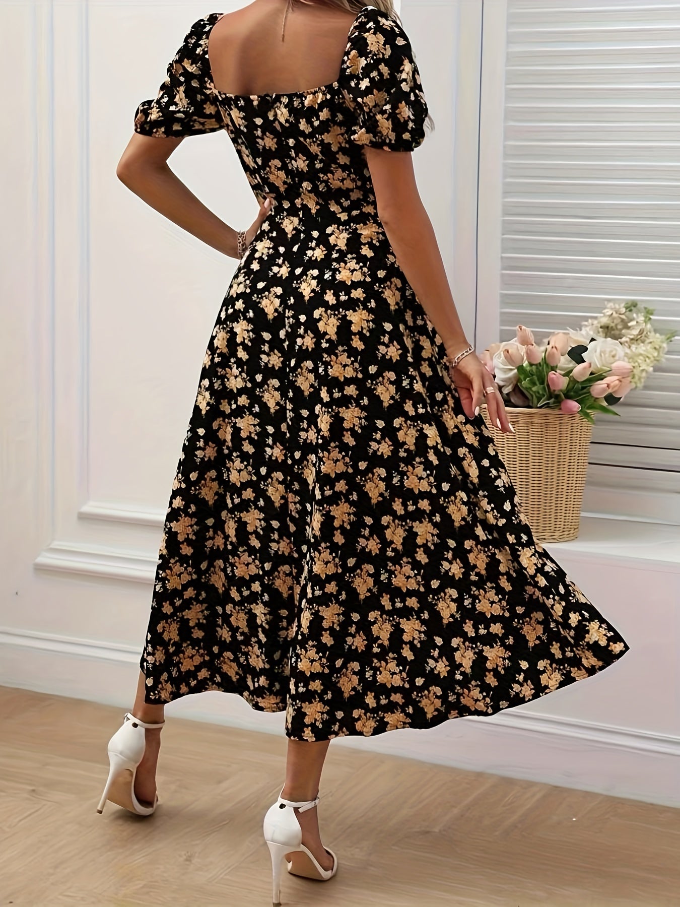 Romantic Floral Puff Sleeve Split Maxi Dress
