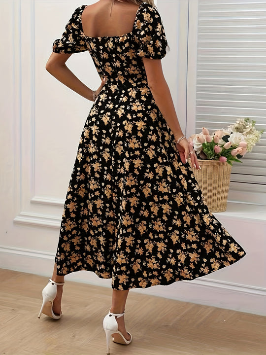 Romantic Floral Puff Sleeve Split Maxi Dress