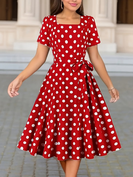 Belted Polka Dot A-Line Summer Dress