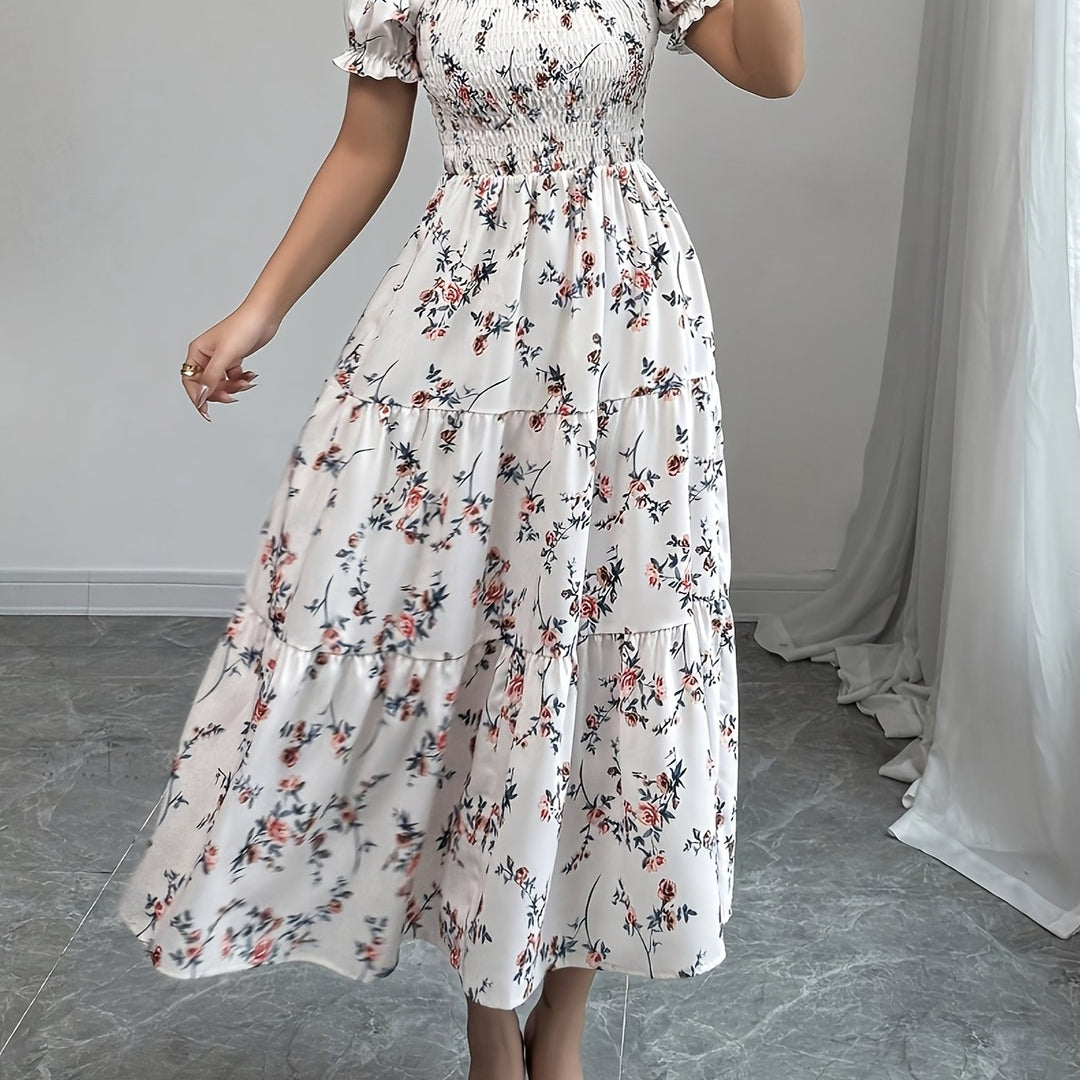 Floral Smocked Bodice Puff Sleeve Midi
