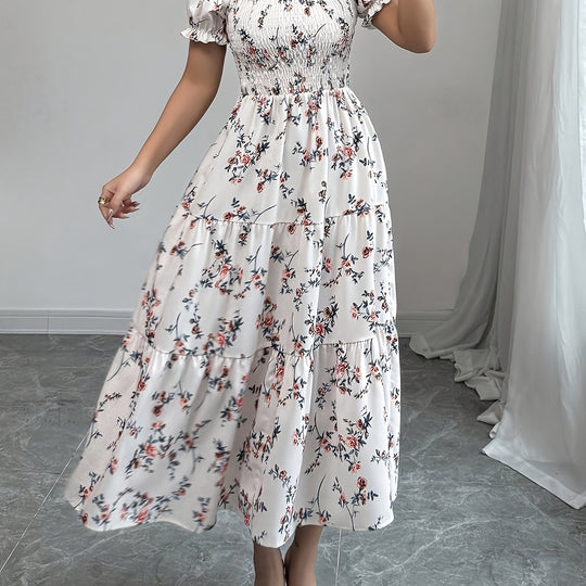 Floral Smocked Bodice Puff Sleeve Midi