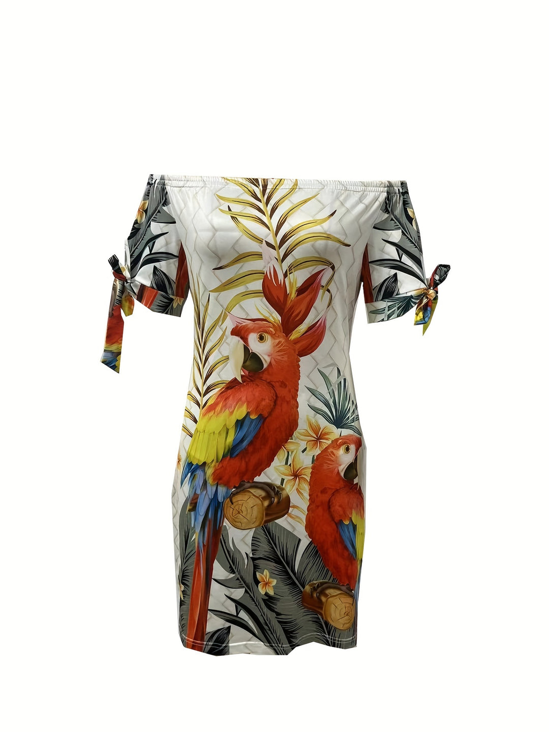 Off-Shoulder Tropical Parrot Shift Mini Dress